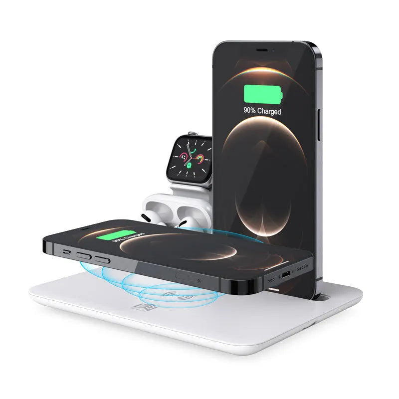 Black and white wireless charging station for phone watch headphones on desktop