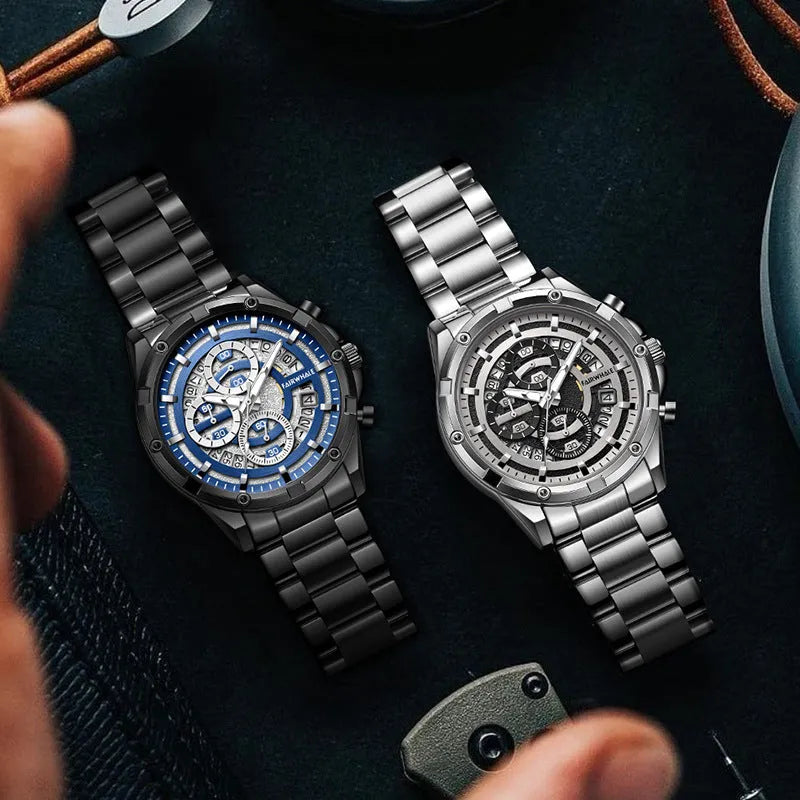 Men's waterproof luminous quartz watch with a steel belt, shown in black, blue, gold, and silver colour options.