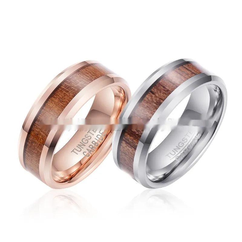 U-shaped tungsten men's ring with 8mm wide band in rose gold or steel finish on a grey background.