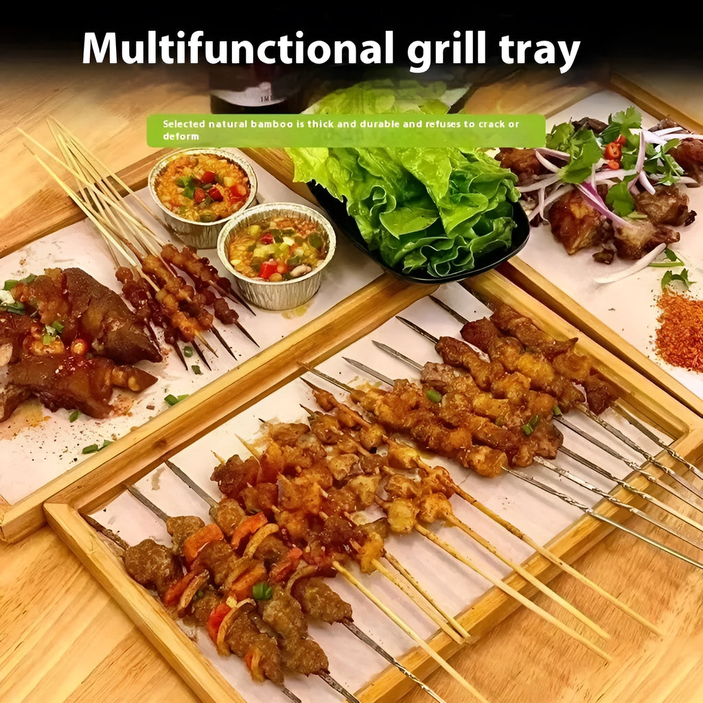 Square bamboo serving tray with brown handle for commercial food service