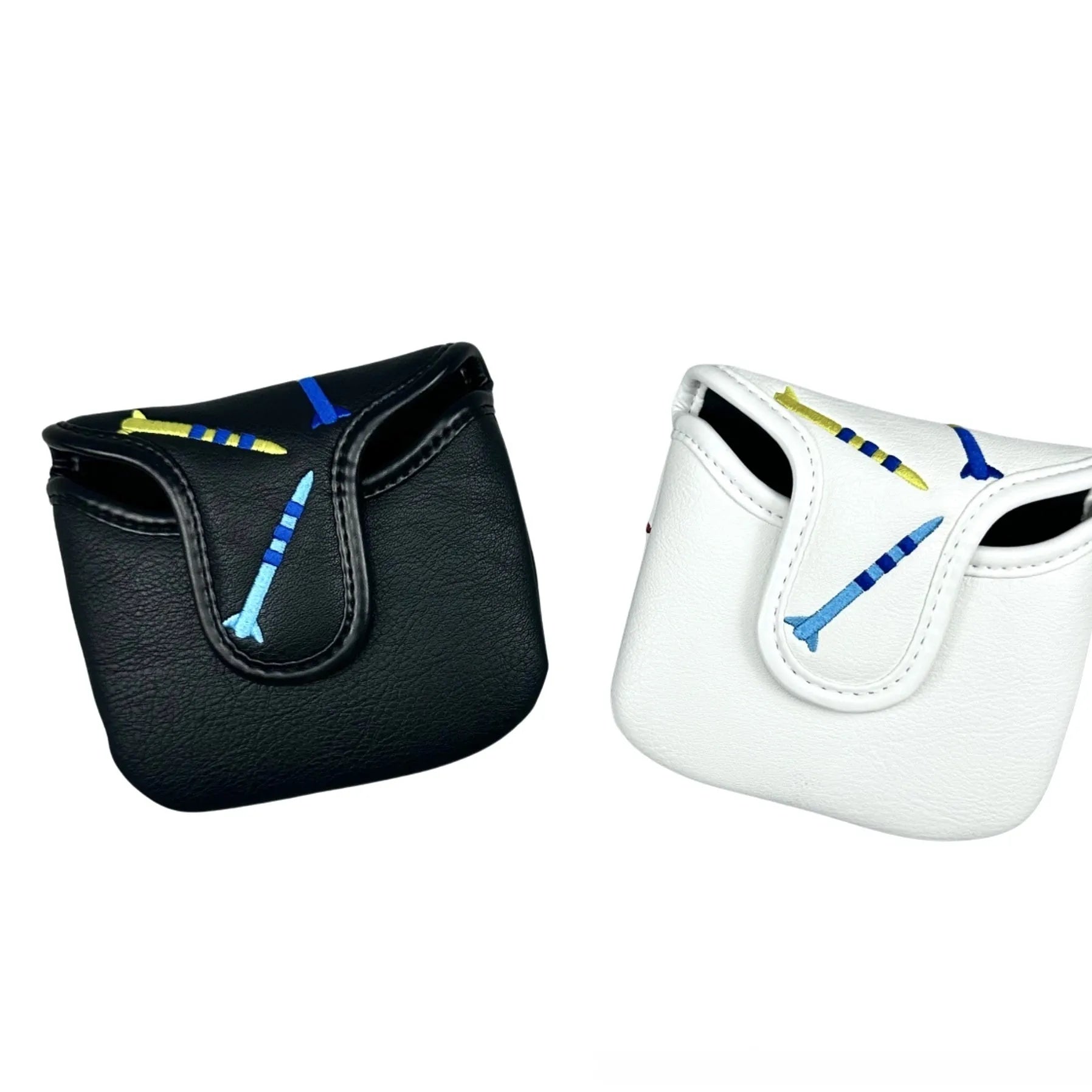 Black golf putter protective sleeve with white rocket pattern design for square club heads.