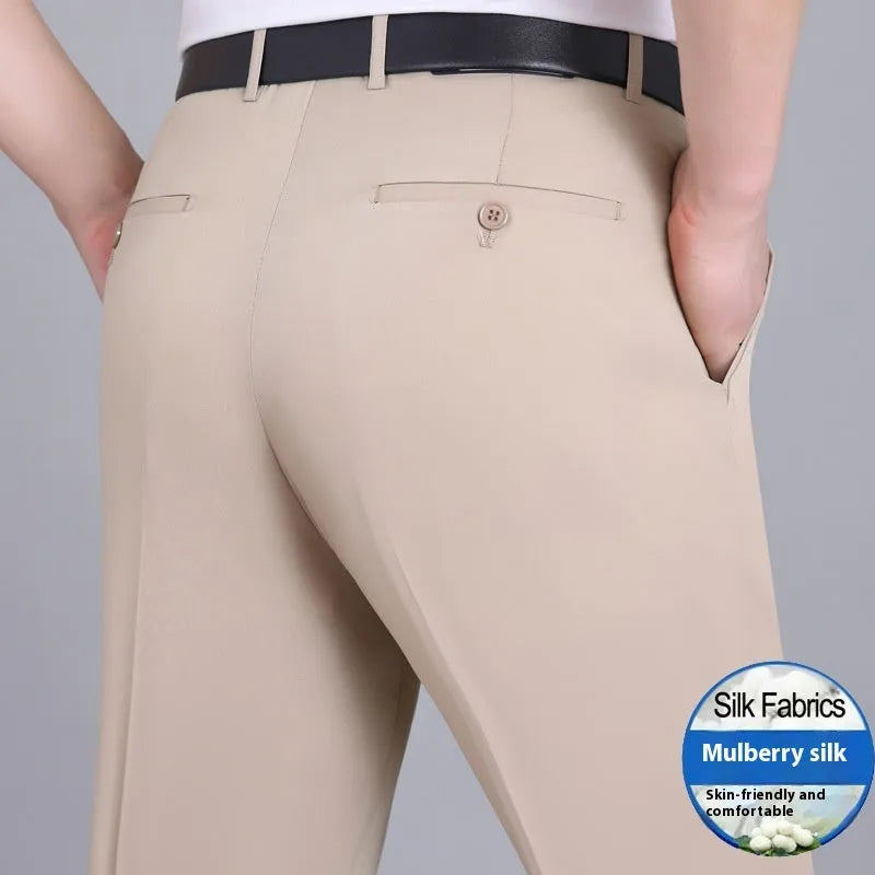 Men's straight-leg business trousers in mulberry silk fabric with non-iron finish