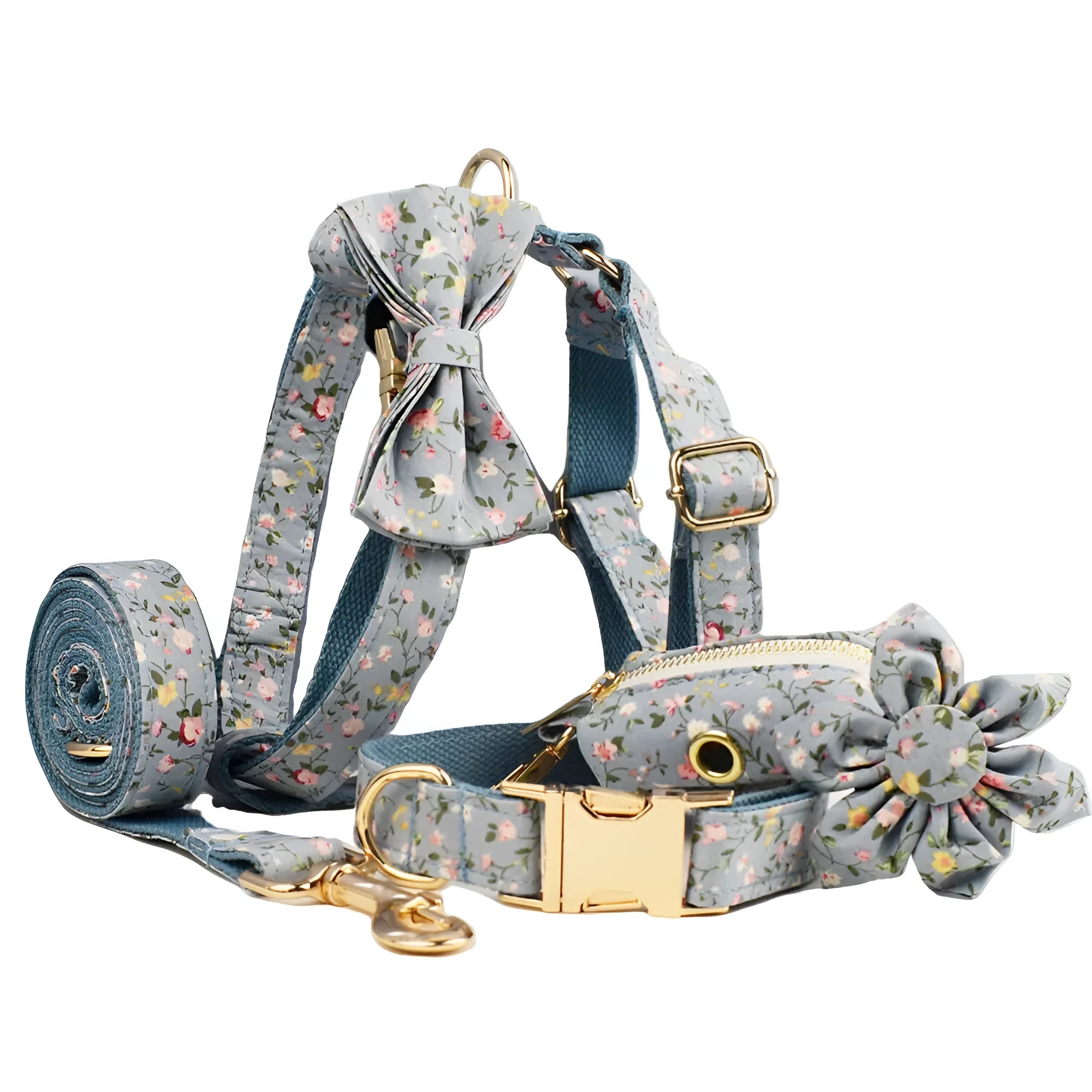 Blue floral patterned cloth dog collar with matching leash, vest, bow, and poop bag set for pet gifts