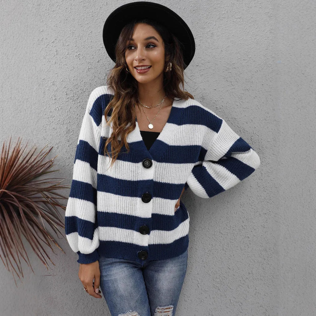 Women's striped deer plush fabric cardigan sweater in blue colour with button front
