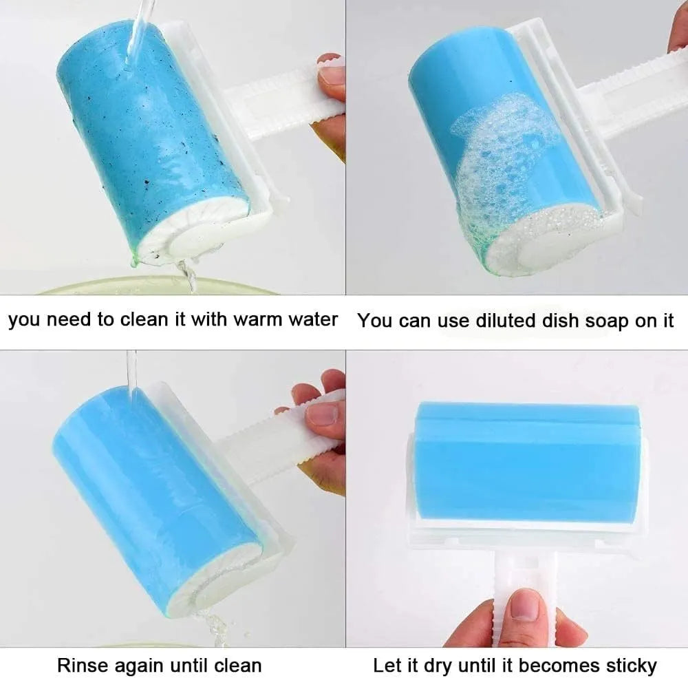 Blue reusable washable sticky lint roller with protective cover for removing pet hair.