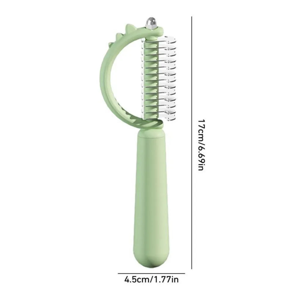 Blue dinosaur-shaped self-cleaning cat brush with stainless steel bristles on a white background.