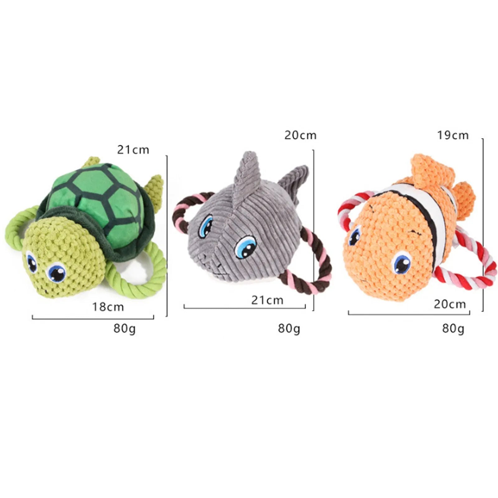 Turtle shaped plush dog toy with knot design and squeaker in grey, green, or orange colours