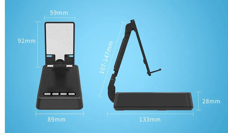 Black mobile phone broadcaster stand with Bluetooth speaker and HD microphone for live streaming desk use