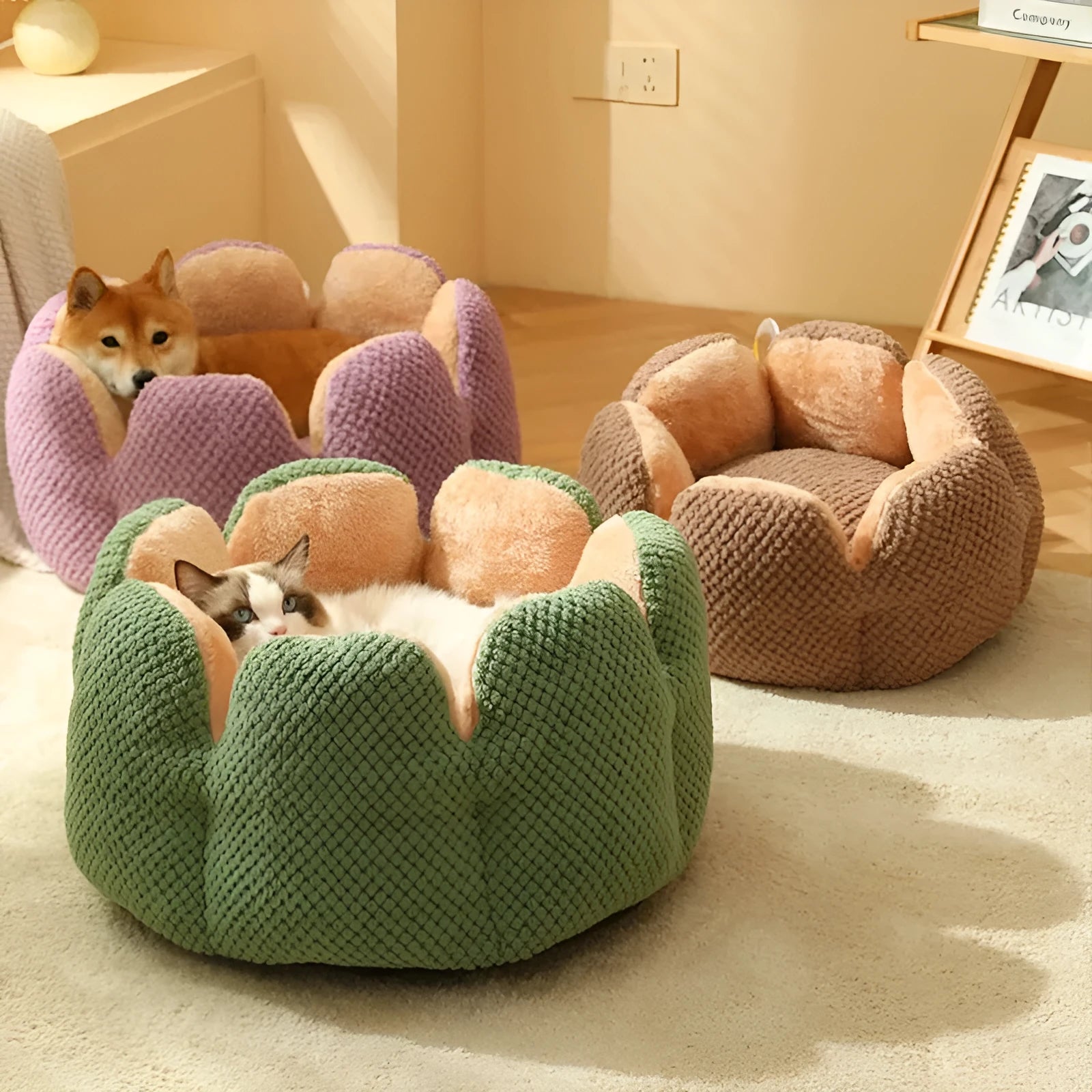 Green cactus petal shape pet kennel bed for cats and dogs with plush interior and non-slip bottom