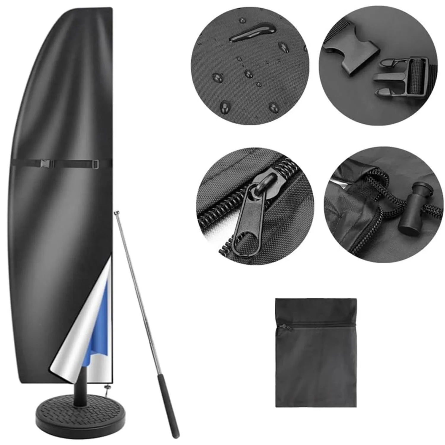 Grey waterproof Oxford cloth cover for a large outdoor offset umbrella.