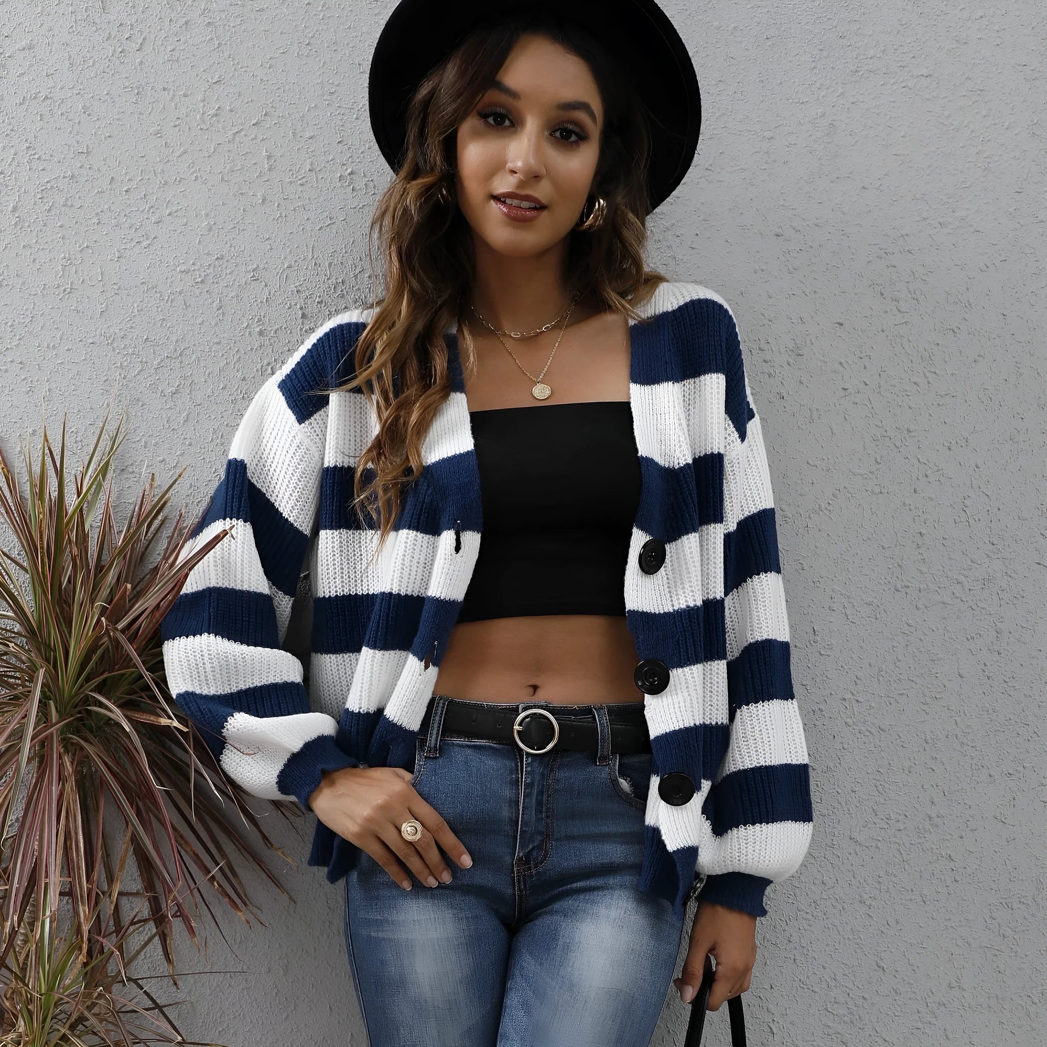 Women's striped deer plush fabric cardigan sweater in blue colour with button front