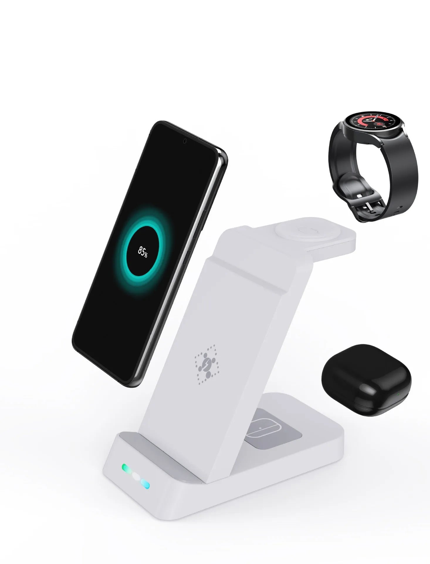 Black 3-in-1 wireless charging station showing phone on stand, AirPods case, and Apple Watch on their charging spots.
