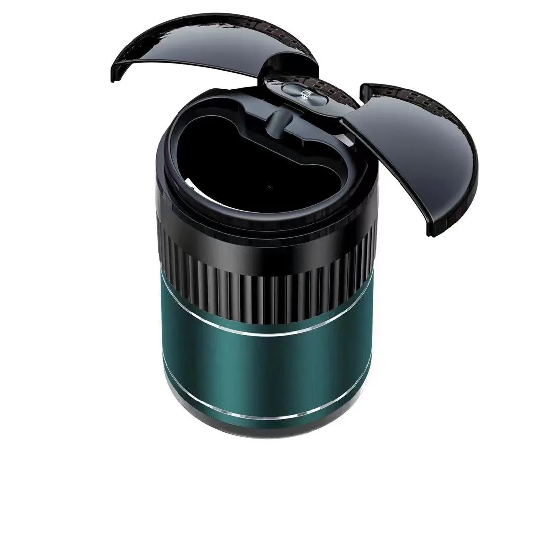 Black metal smart car ashtray with lid, showing compact 113mm size for cup holders.