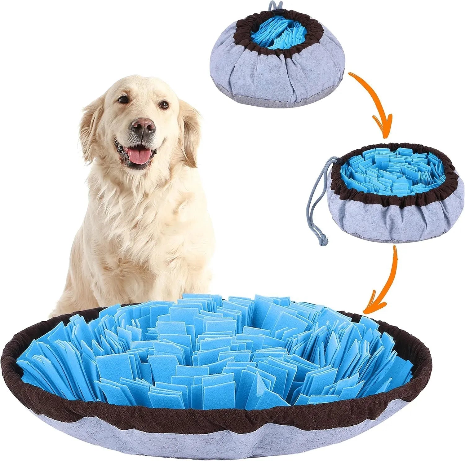 Blue adjustable snuffle mat for dogs with removable insert and fleece fabric strips
