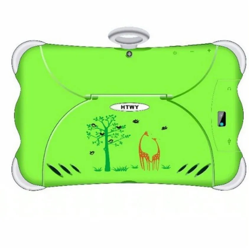 Cartoon-coloured 7-inch children's learning tablet with a protective stand on a table.