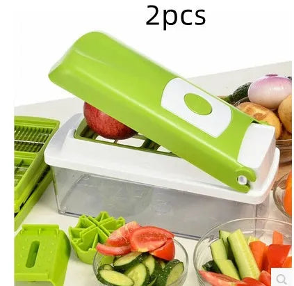 Green manual food chopper set with stainless steel blades, showing 12 pieces including handle and accessories.