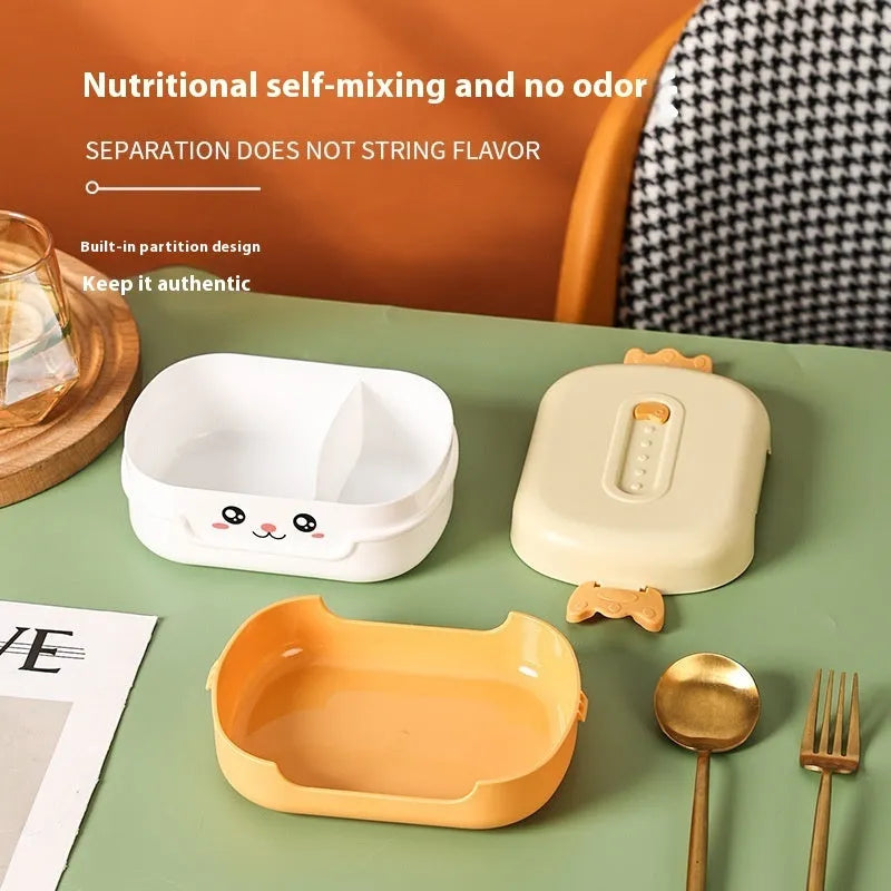 Square plastic divided lunch box showing multiple colour options including dark blue, orange, and pink and green