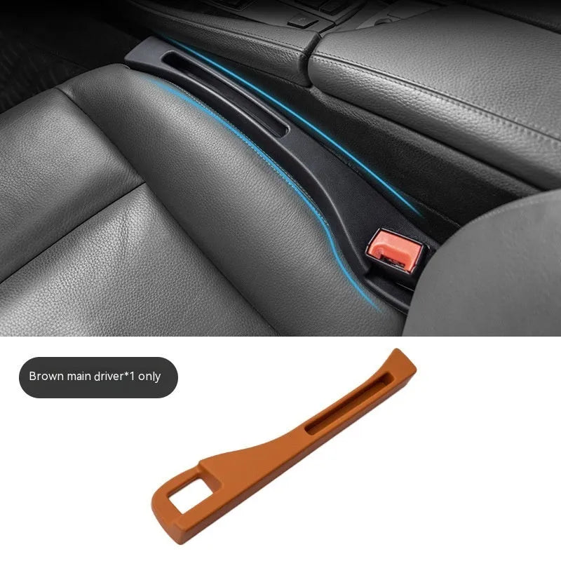 Black and brown plastic car seat gap storage boxes with handles for driver and passenger sides.