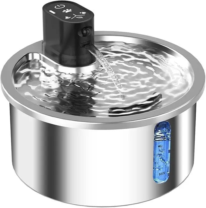 White stainless steel pet water fountain with ceramic base and temperature control display