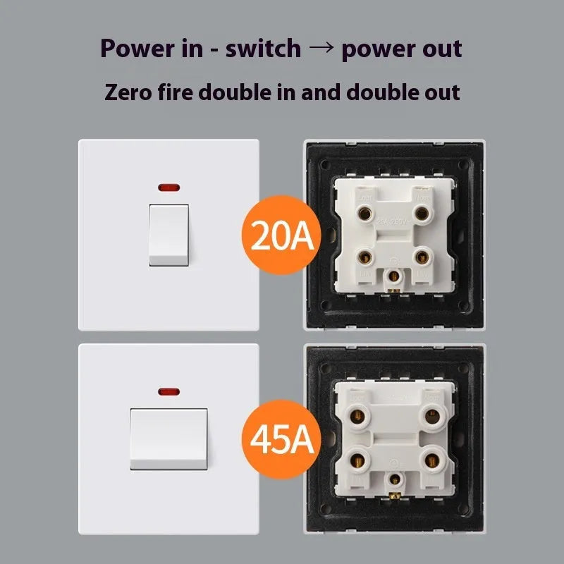 Gold, grey, and white illuminated high-current 3-pole electrical switch for appliances.