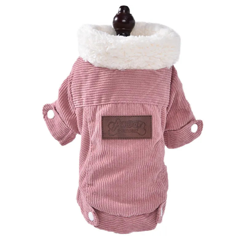 Lambswool dog vest with wool lining in grey or pink, available in six sizes for autumn and winter wear