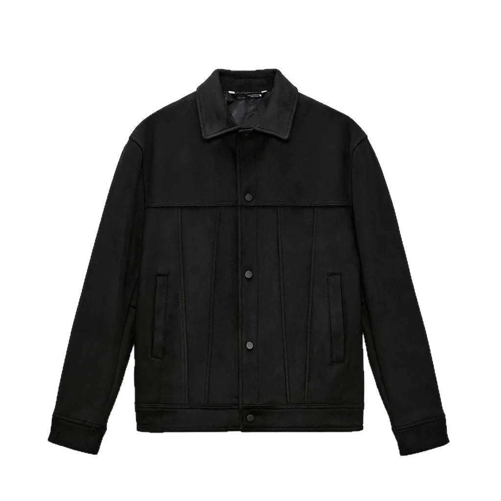 Men's black hooded jacket with suede collar showing side seam pockets and regular cut design