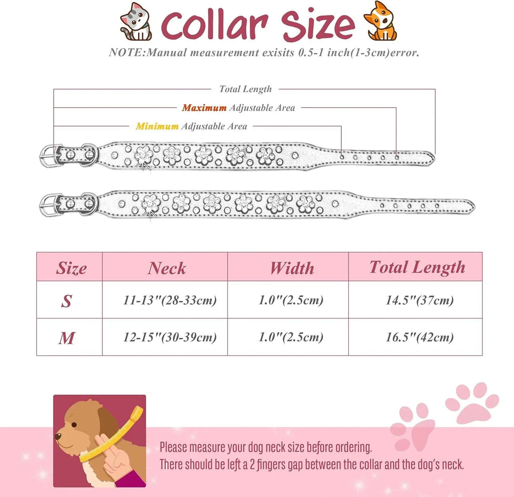 Black dog collar with studded rhinestone flower pattern and a metal D-ring on a white background