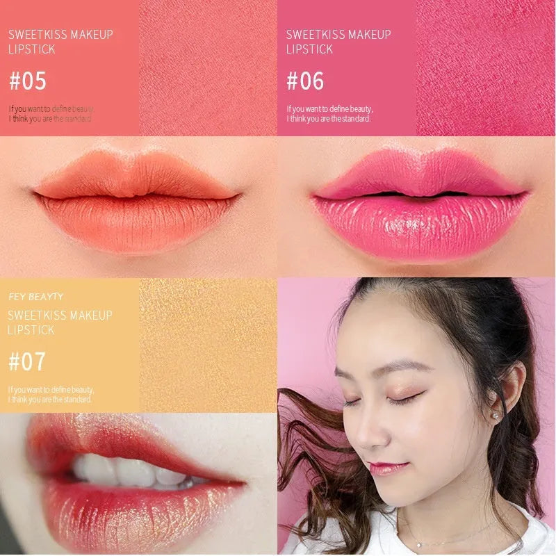 Fey Beauty Cameo Brown non-fading lipstick open and closed, showing nude shade and case.