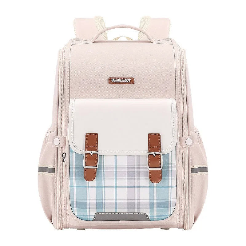 Lightweight large capacity student schoolbag made of Oxford cloth in navy blue, royal blue, pink, green, and beige for Grade 5-6.