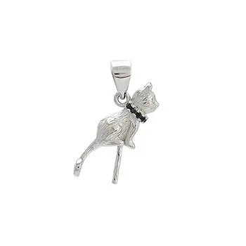 Close-up of a sterling silver cat pendant on a clavicle chain, showing detailed feline design and bright electroplated finish.