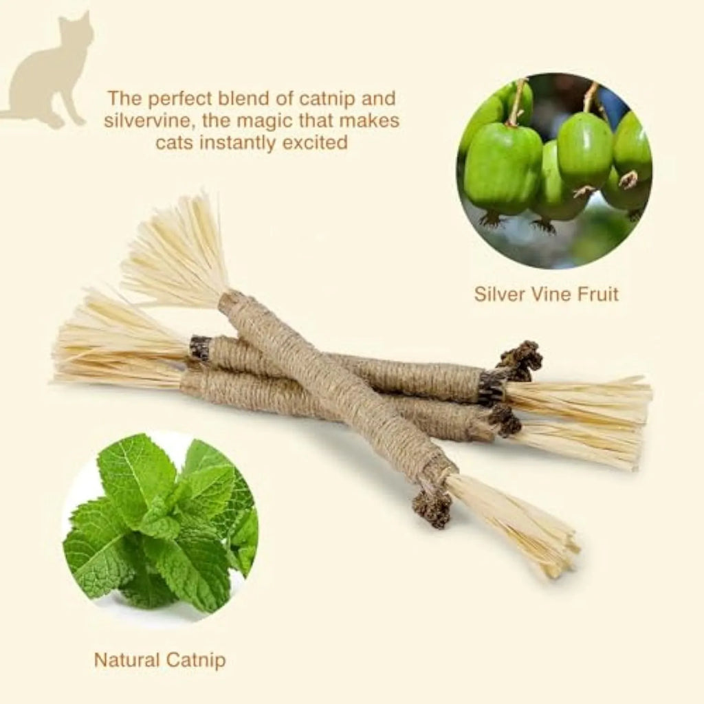 3-pack of natural silvervine chew sticks for cats with sisal rope, showing thick and fine diameter options.
