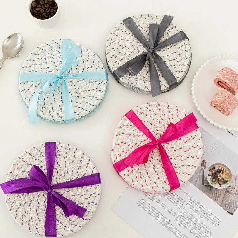 Three round cotton cord coasters in modern simplicity style with 18cm diameter