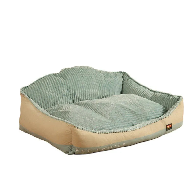Morandi colour removable lazy sofa dog bed with raised edges, shown in two sizes.