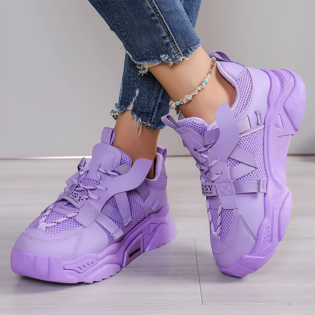 Women's platform mesh dad shoes in multiple colours with animal pattern design and front lace-up fastening