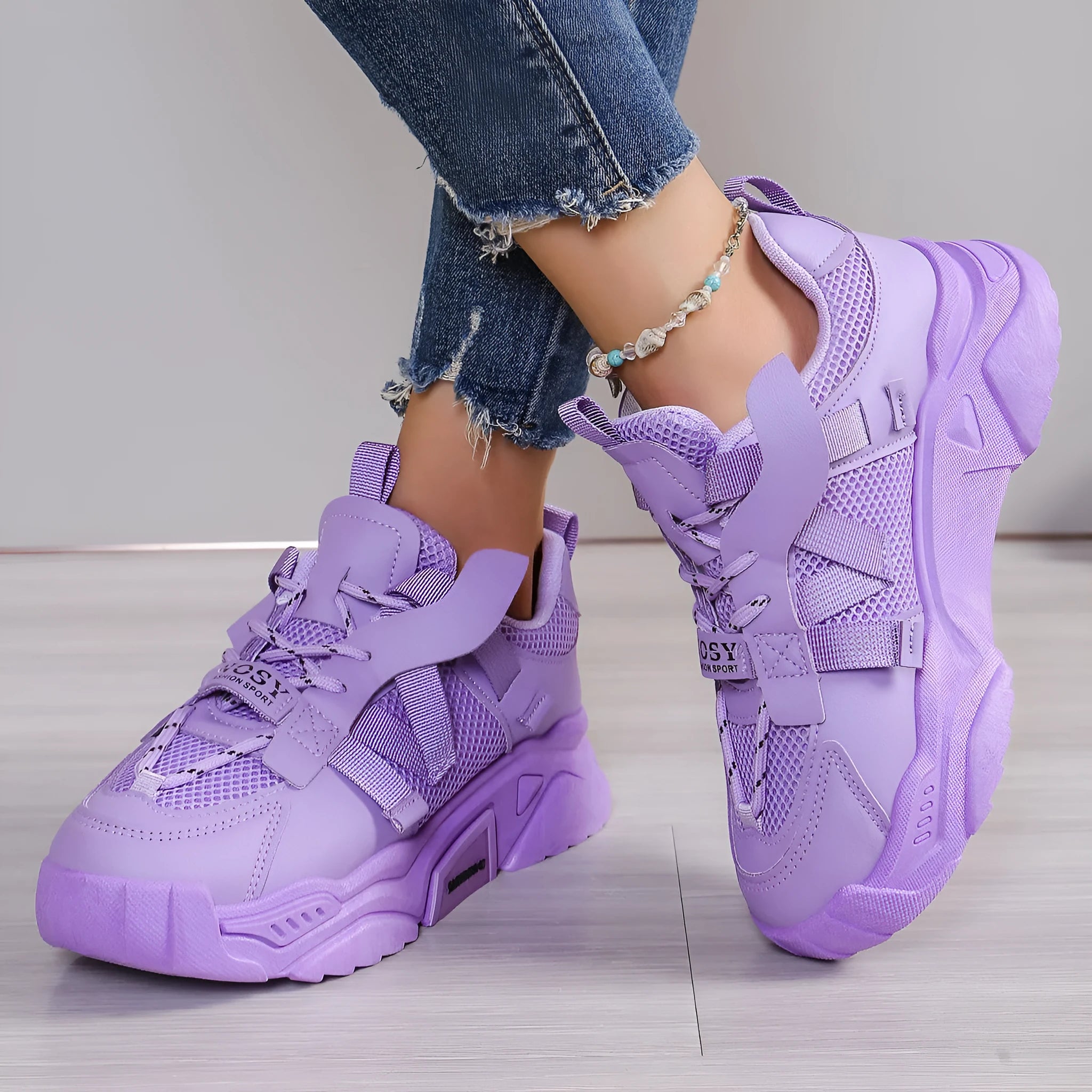 Women's platform mesh dad shoes in multiple colours with animal pattern design and front lace-up fastening