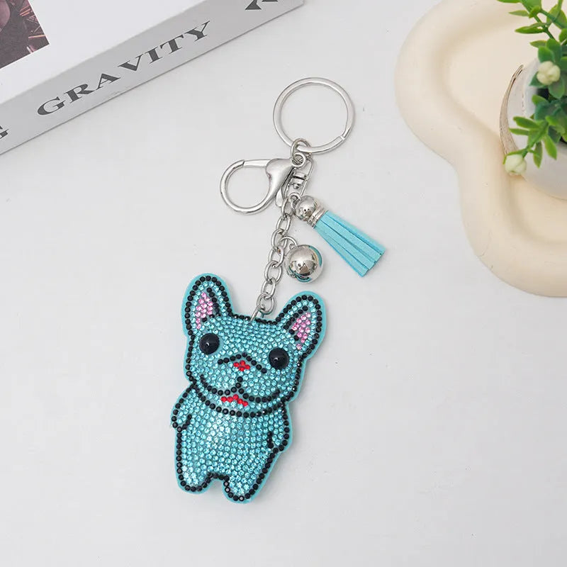 French dog cartoon rhinestone keychain pendant in choice of four colours with alloy electroplated finish