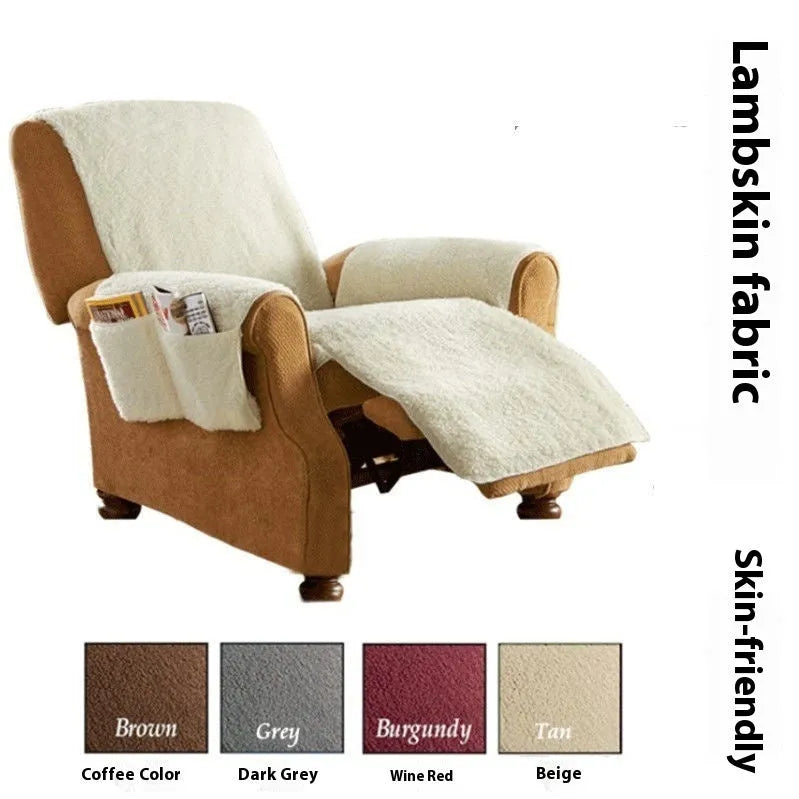 Lambswool textured sofa slipcover in beige draped over a living room sofa cushion.
