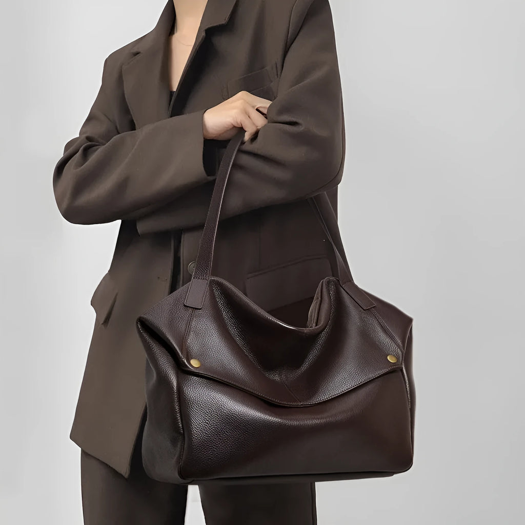 Brown genuine leather women's commuter shoulder bag with horizontal square shape