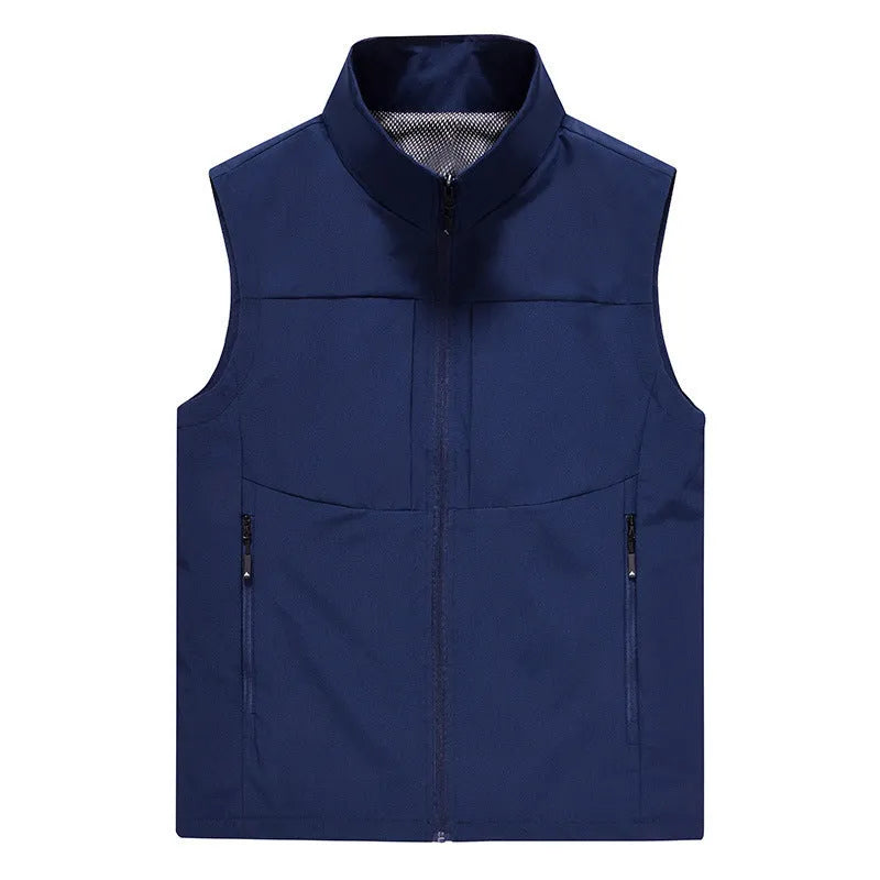 Men's khaki stand collar vest cardigan with zip pockets for outdoor leisure wear
