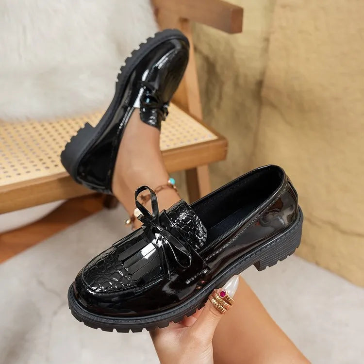 Women's black and brown bow loafers in artificial PU for spring and autumn seasons