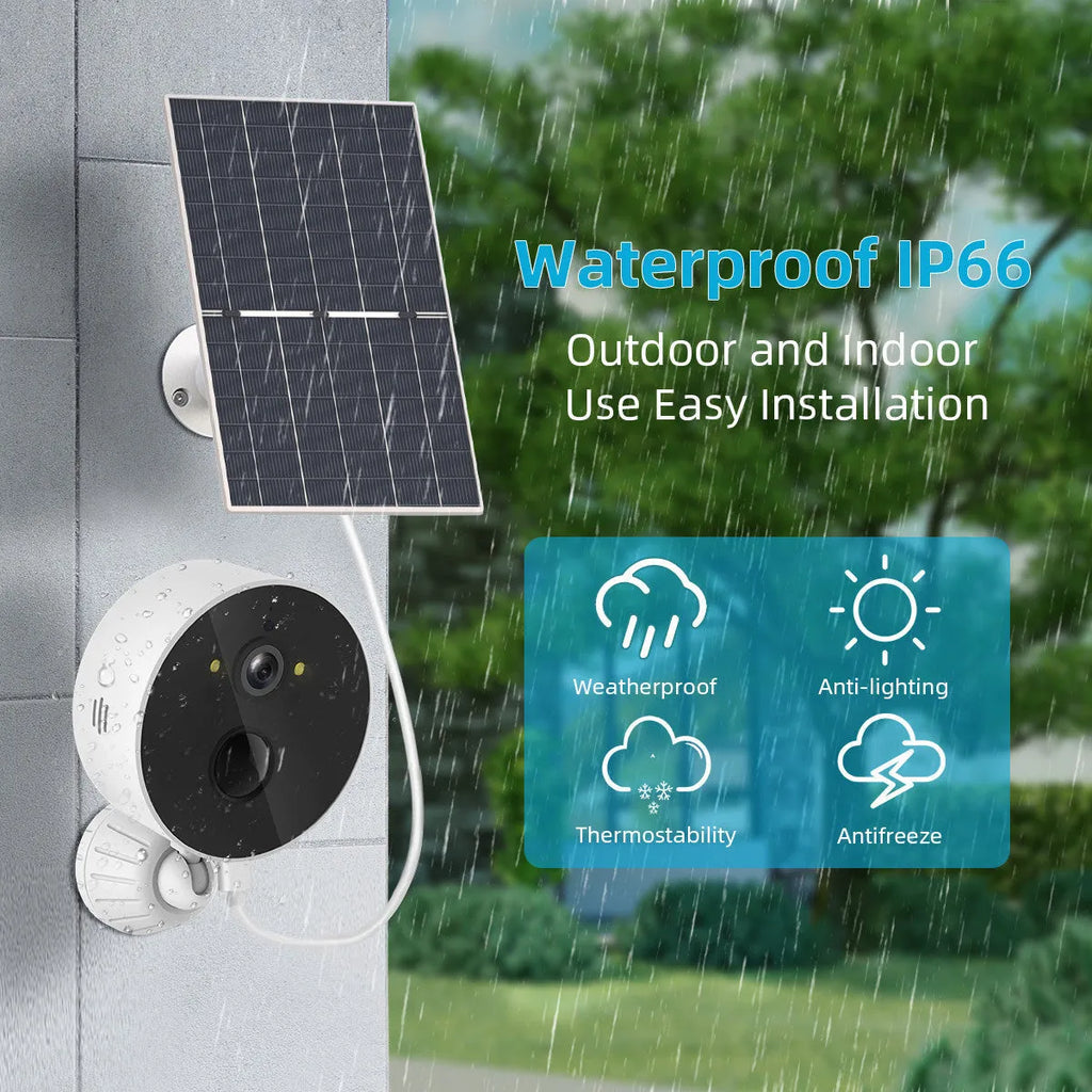 Outdoor solar-powered 1080P monitoring camera with solar panel for continuous battery charging
