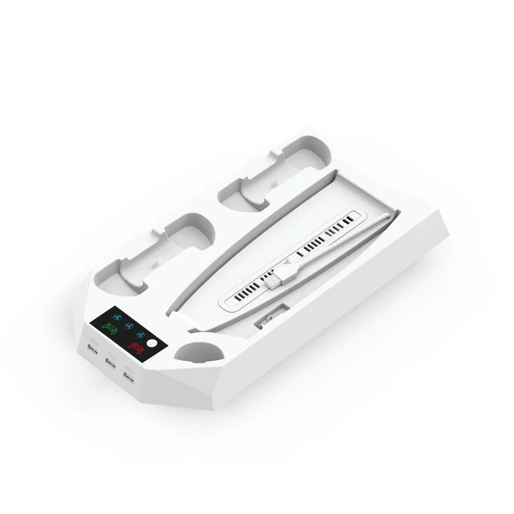 White PS5 charging station holding a console, two controllers, and a headset.