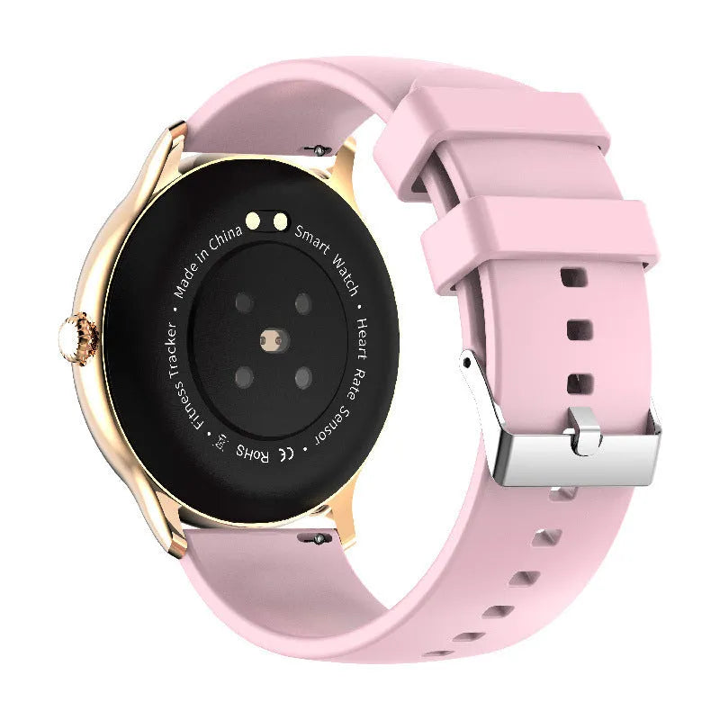 Black smart sports watch with blood pressure monitoring on a wrist, showing a 1.28-inch touch screen display.
