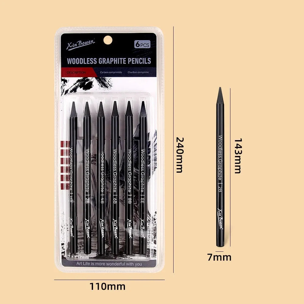 Set of six wood-free graphite full lead sketching pencils in grades HB, 2B, 4B, 6B, 8B, and EE.