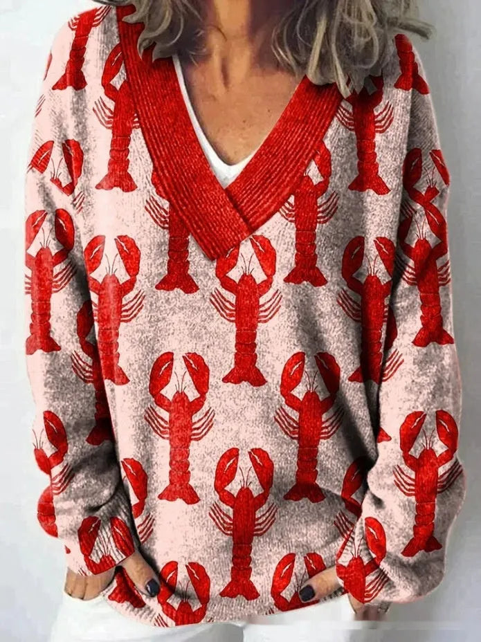 Women's V-neck long sleeve sweatshirt with a detailed 3D floral pattern print in a retro style.