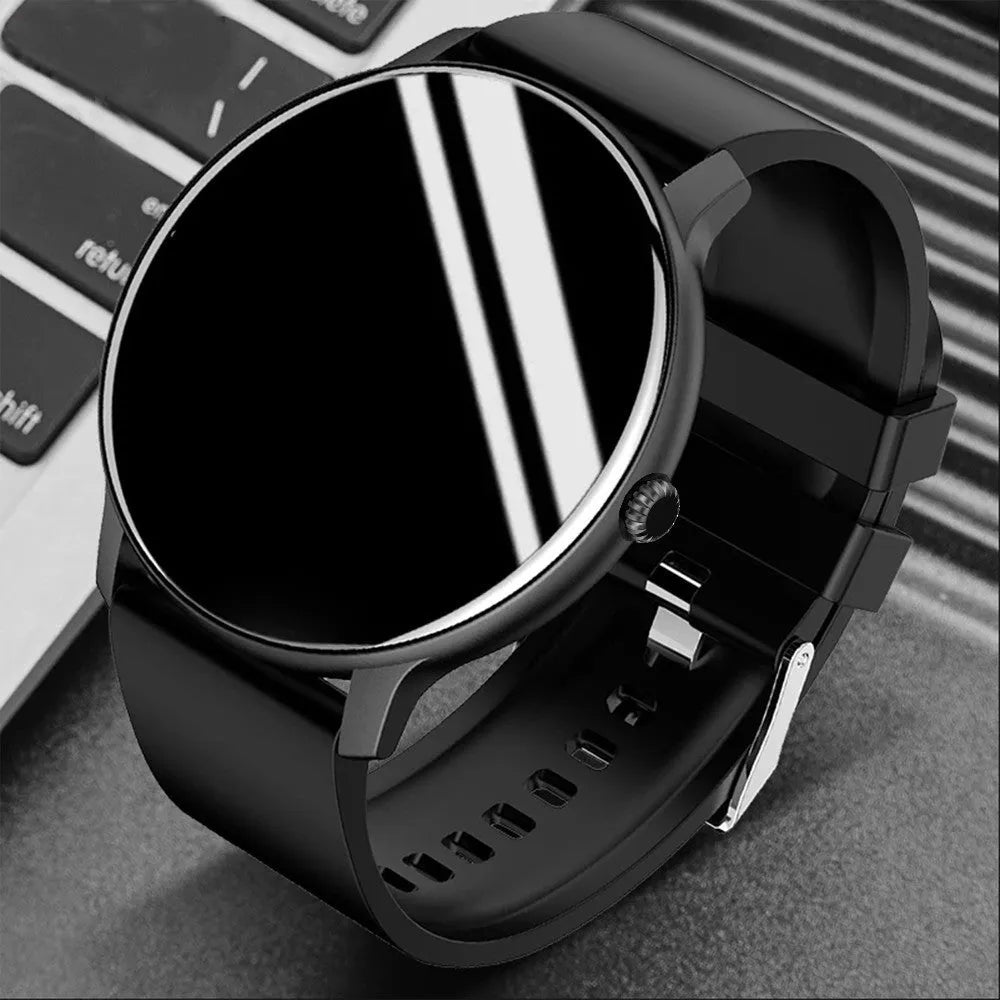 Black smart sports watch with blood pressure monitoring on a wrist, showing a 1.28-inch touch screen display.