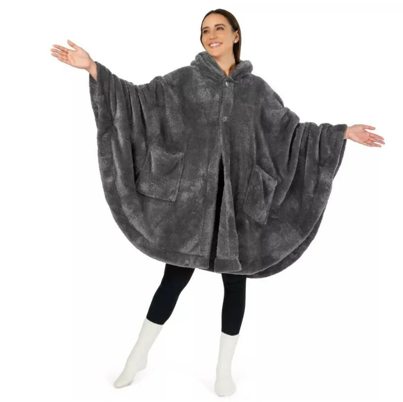 A thick black hooded bathrobe cardigan with long sleeves, shown hanging.