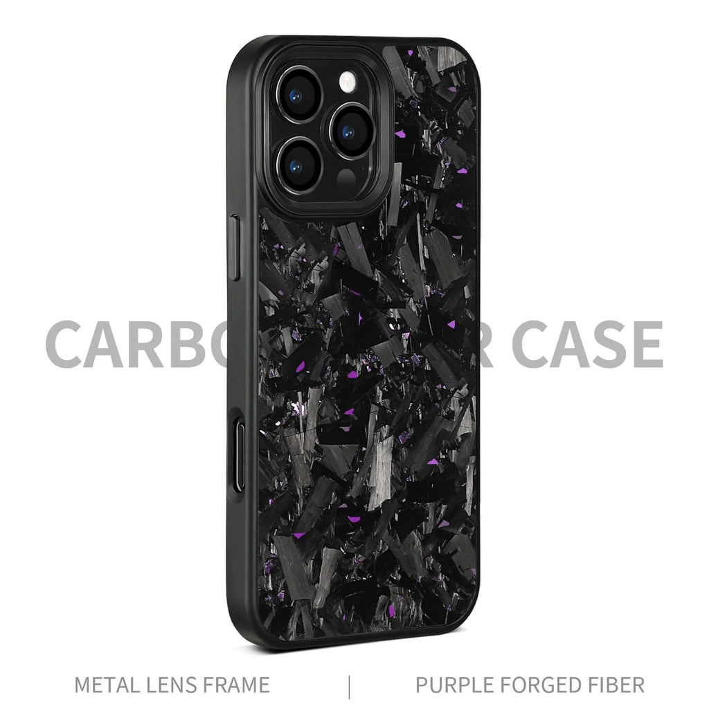 iPhone 17 protective case with black metal frame, blue gold carbon fibre forged pattern, and magnetic feature on back.