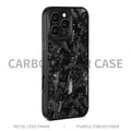 iPhone 17 protective case with black metal frame, blue gold carbon fibre forged pattern, and magnetic feature on back.