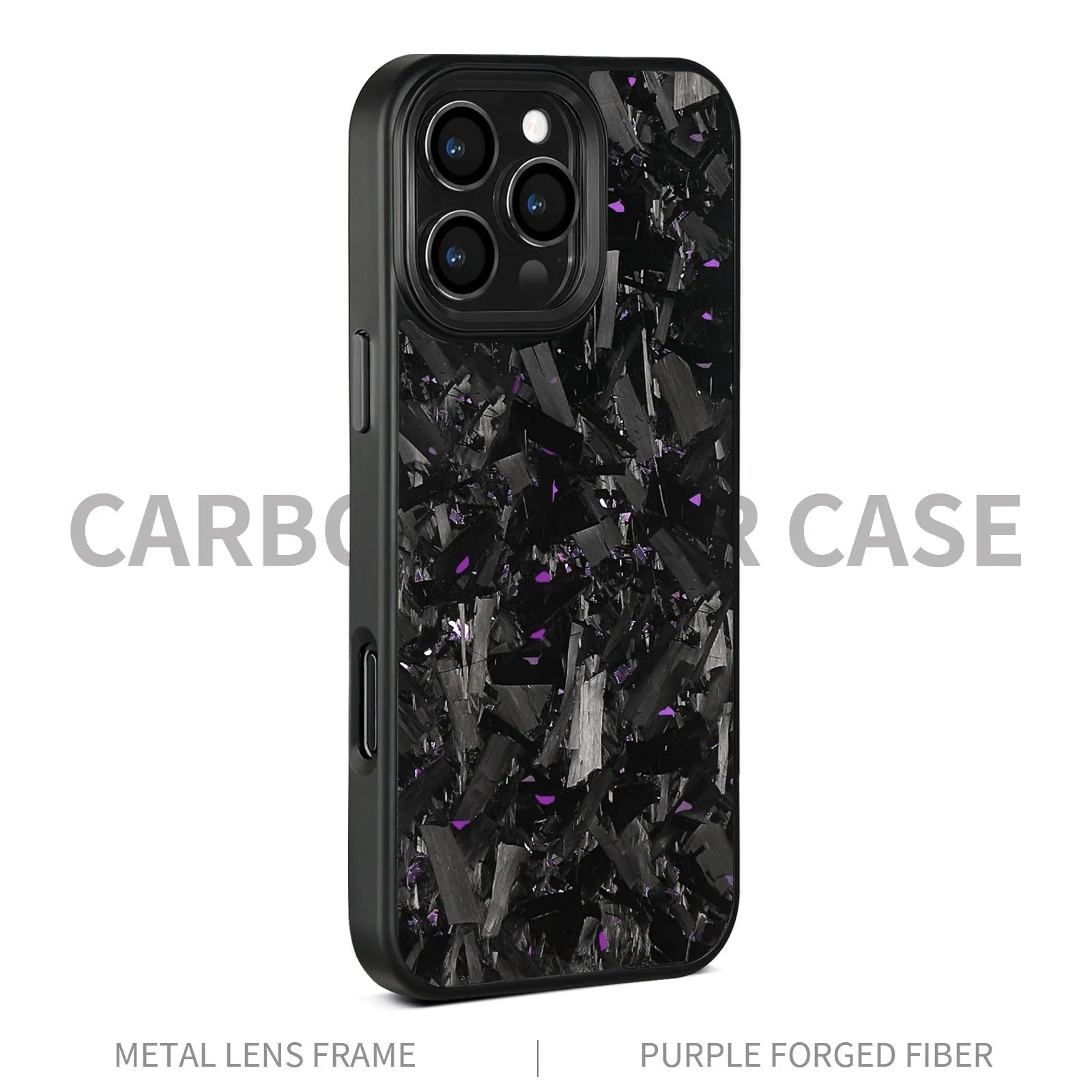 iPhone 17 protective case with black metal frame, blue gold carbon fibre forged pattern, and magnetic feature on back.